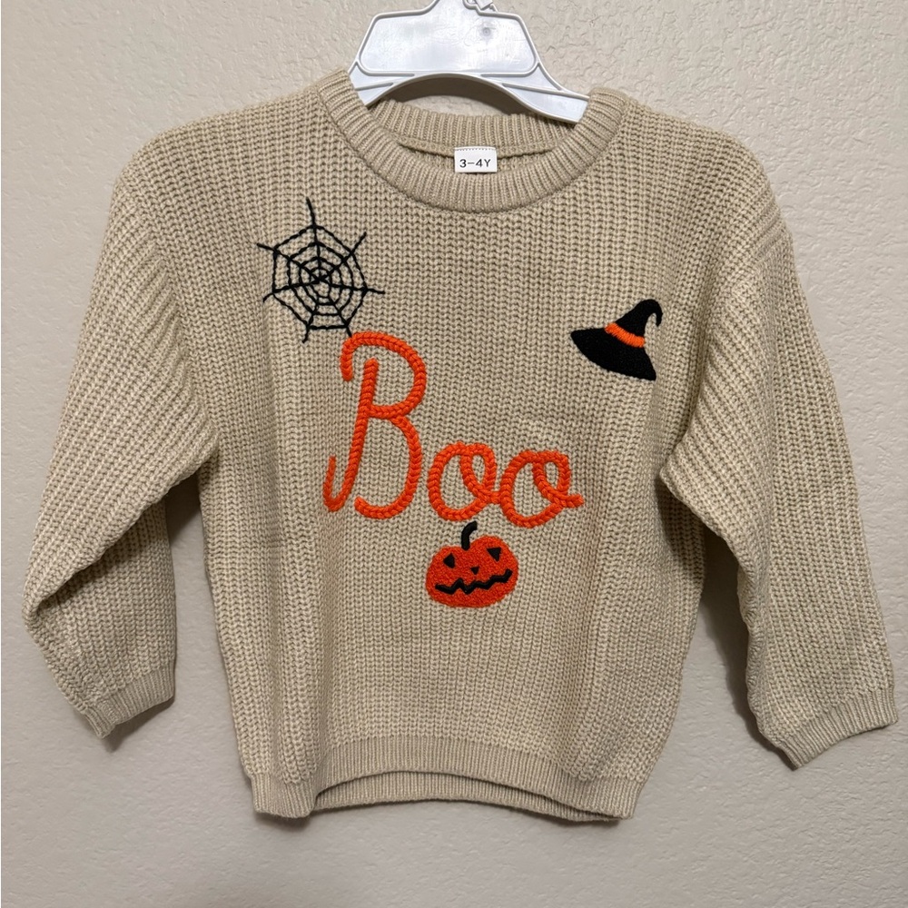 Source Unknown Beige Kids Halloween 'Boo' Sweater with Orange & Black Accents